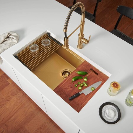 Ruvati 30-inch Polished Brass Matte Gold Workstation Undermount Kitchen Sink Single Bowl RVH6530GG